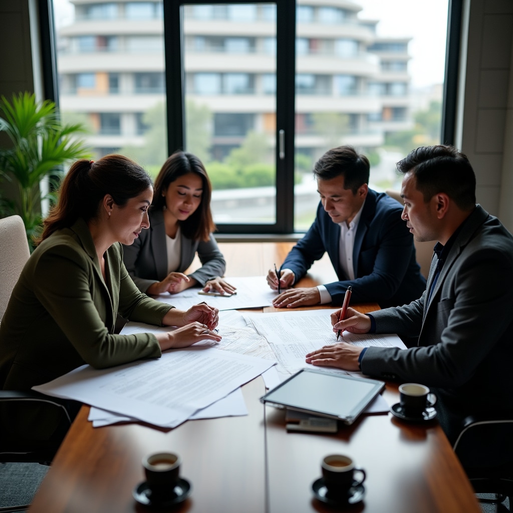 Housing cooperative members reviewing construction agreements